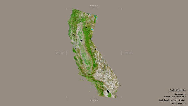 Area of California, state of Mainland United States, isolated on a solid background in a georeferenced bounding box. Labels. Satellite imagery. 3D rendering