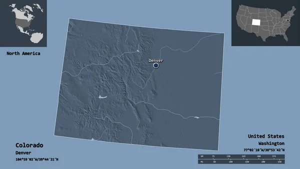 コロラド州の形状 米国本土の州 およびその首都 距離スケール プレビューおよびラベル 色の標高マップ 3Dレンダリング — ストック写真