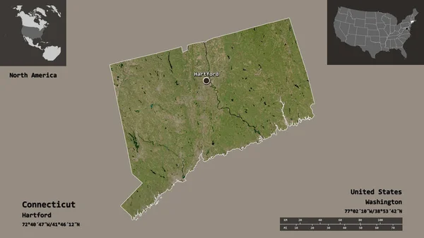 コネチカット州 アメリカ本土州およびその首都の形 距離スケール プレビューおよびラベル 衛星画像 3Dレンダリング — ストック写真
