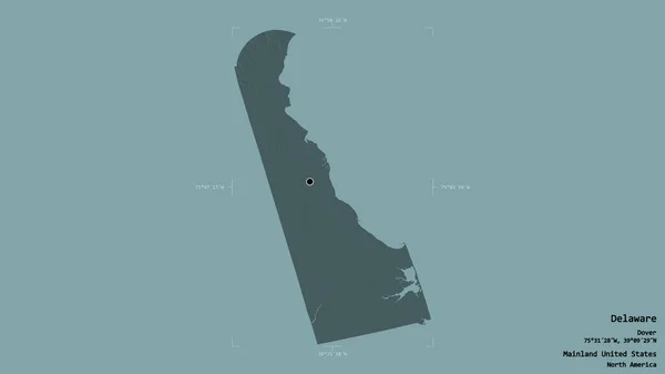 Area of Delaware, state of Mainland United States, isolated on a solid background in a georeferenced bounding box. Labels. Colored elevation map. 3D rendering