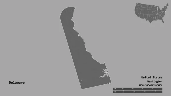 デラウェア州の形 米国本土の状態 その首都は 固体の背景に隔離されました 距離スケール リージョンプレビュー およびラベル 標高マップ 3Dレンダリング — ストック写真