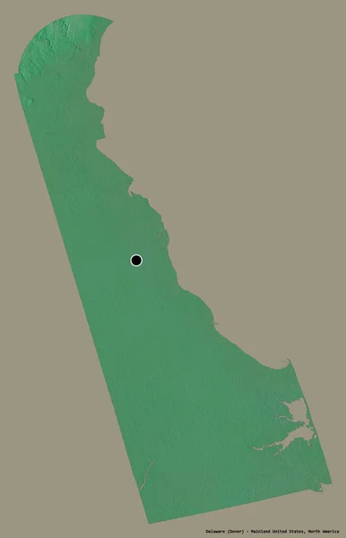 Shape of Delaware, state of Mainland United States, with its capital isolated on a solid color background. Topographic relief map. 3D rendering