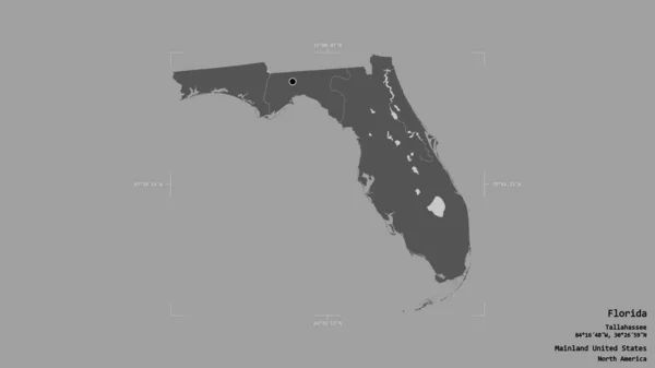 米国本土のフロリダ州の地域は 洗練された境界の箱の中の強固な背景に隔離されています ラベル 標高マップ 3Dレンダリング — ストック写真