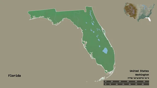 フロリダ州の形 米国本土の状態 その資本は 固体背景に隔離されています 距離スケール リージョンプレビュー およびラベル 地形図 3Dレンダリング — ストック写真