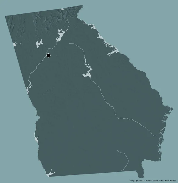 Shape of Georgia, state of Mainland United States, with its capital isolated on a solid color background. Colored elevation map. 3D rendering