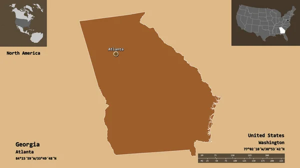 ジョージア州 米国本土の州 およびその首都の形 距離スケール プレビューおよびラベル パターン化されたテクスチャの構成 3Dレンダリング — ストック写真