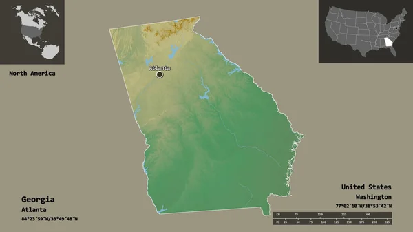 ジョージア州 米国本土の州 およびその首都の形 距離スケール プレビューおよびラベル 地形図 3Dレンダリング — ストック写真