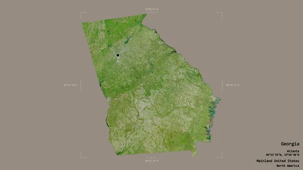 Area of Georgia, state of Mainland United States, isolated on a solid background in a georeferenced bounding box. Labels. Satellite imagery. 3D rendering