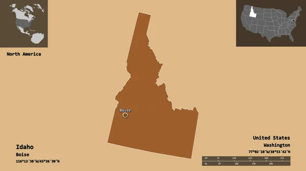 爱达荷州的形状 美国大陆的州 及其首府 距离刻度 预览和标签 图形纹理的组成 3D渲染 — 图库照片