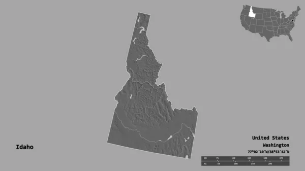 美国大陆州爱达荷州的形状 其首都在坚实的背景下与世隔绝 距离尺度 区域预览和标签 Bilevel高程图 3D渲染 — 图库照片