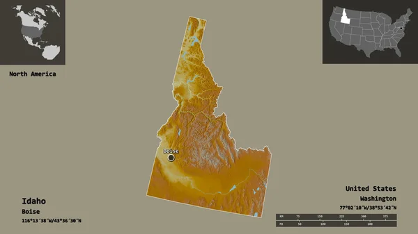 Kształt Idaho Stanu Kontynentalnego Stanów Zjednoczonych Jego Stolicy Skala Odległości — Zdjęcie stockowe
