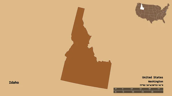 アイダホ州の形 米国本土の状態 その首都は 固体の背景に隔離されました 距離スケール リージョンプレビュー およびラベル パターン化されたテクスチャの構成 3Dレンダリング — ストック写真