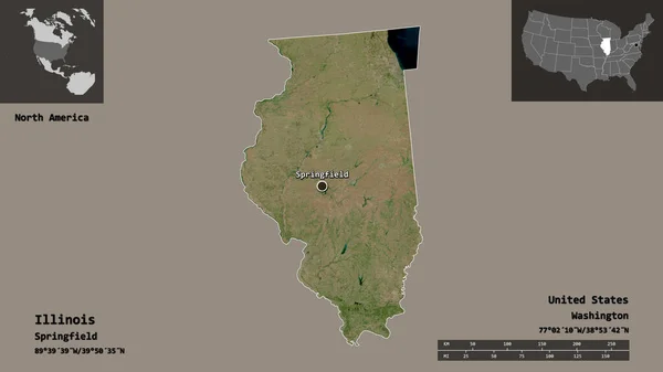 イリノイ州の形状 米国本土の状態 およびその首都 距離スケール プレビューおよびラベル 衛星画像 3Dレンダリング — ストック写真