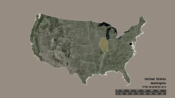 その首都 主要地域部門と分離されたイリノイ州の領域で 米国本土の荒廃した形 ラベル 衛星画像 3Dレンダリング — ストック写真