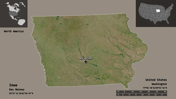 アイオワ州 米国本土の州 およびその首都の形状 距離スケール プレビューおよびラベル 衛星画像 3Dレンダリング — ストック写真