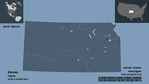 堪萨斯州的形状 美国大陆州 及其首府 距离刻度 预览和标签 彩色高程图 3D渲染 — 图库照片
