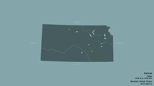 堪萨斯州的一个地区 美国大陆 孤立在一个坚实的背景下在一个地理参考的包围盒 彩色高程图 3D渲染 — 图库照片
