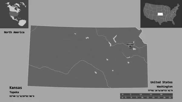 カンザス州 アメリカ本土州 およびその首都の形 距離スケール プレビューおよびラベル 標高マップ 3Dレンダリング — ストック写真