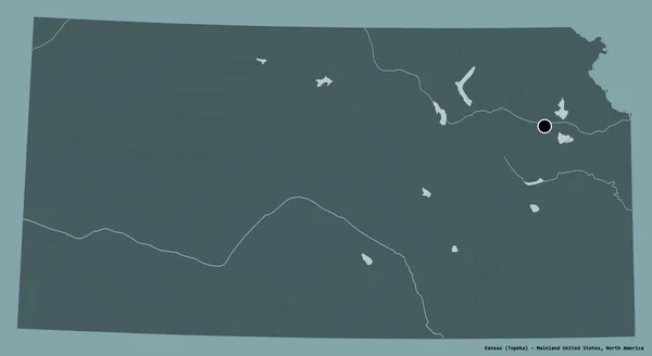 堪萨斯州的形状 美国大陆的一个州 它的首都孤立在一个坚实的色彩背景 彩色高程图 3D渲染 — 图库照片