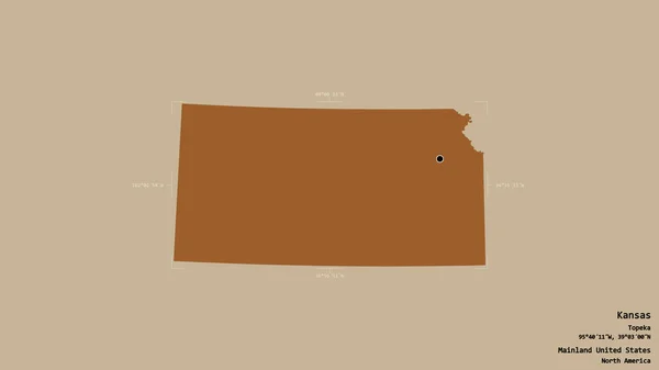 カンザス州の地域は 米国本土の州であり 洗練された境界の箱の中の強固な背景に隔離されています ラベル パターン化されたテクスチャの構成 3Dレンダリング — ストック写真