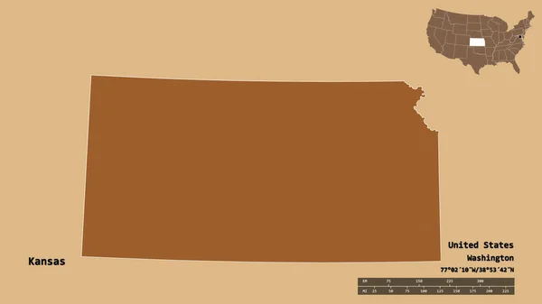 堪萨斯州的形状 美国大陆的州 其首都孤立的坚实的背景 距离尺度 区域预览和标签 图形纹理的组成 3D渲染 — 图库照片