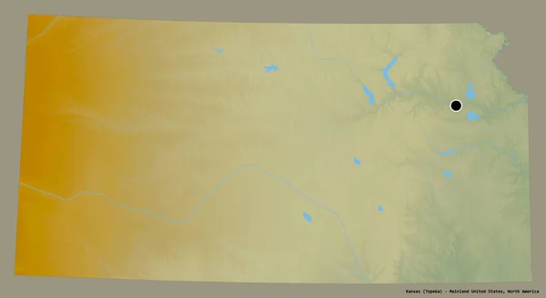 カンザス州の形 米国本土の状態 その資本金は 固体色の背景に隔離されています 地形図 3Dレンダリング — ストック写真