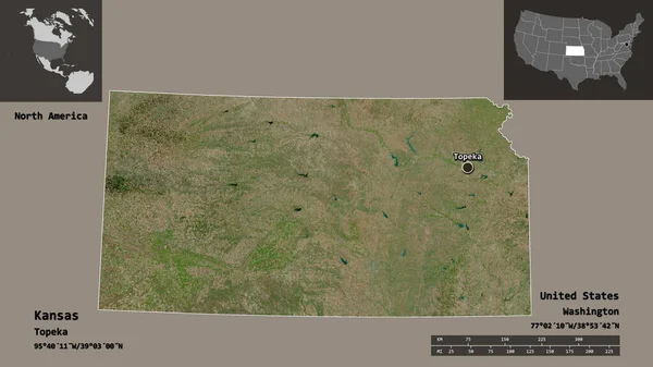 カンザス州 アメリカ本土州 およびその首都の形 距離スケール プレビューおよびラベル 衛星画像 3Dレンダリング — ストック写真
