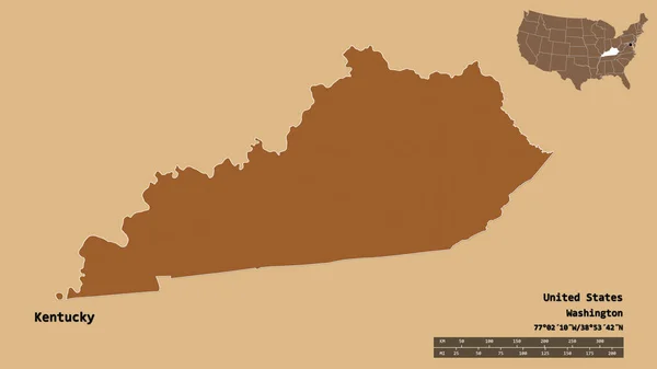 肯塔基州的形状 美国大陆的州 其首都孤立的坚实的背景 距离尺度 区域预览和标签 图形纹理的组成 3D渲染 — 图库照片