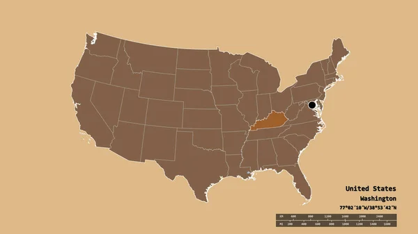 美国大陆以其首都 主要地区分部和分隔的肯塔基州地区为基础的退化形态 图形纹理的组成 3D渲染 — 图库照片