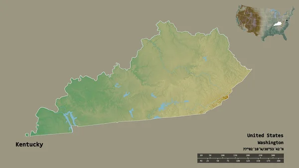 肯塔基州的形状 美国大陆的州 其首都孤立的坚实的背景 距离尺度 区域预览和标签 地形浮雕图 3D渲染 — 图库照片