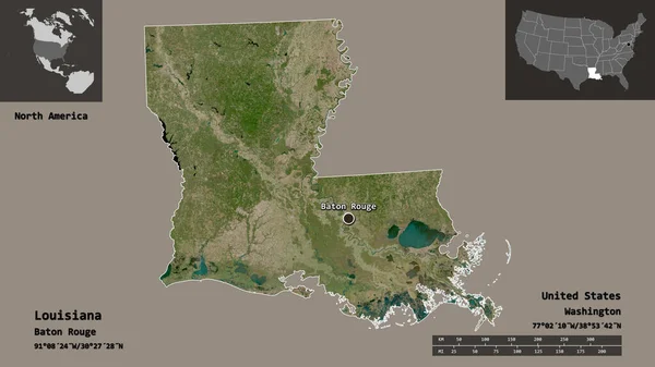 ルイジアナ州の形 アメリカ合衆国本土の州 およびその首都 距離スケール プレビューおよびラベル 衛星画像 3Dレンダリング — ストック写真