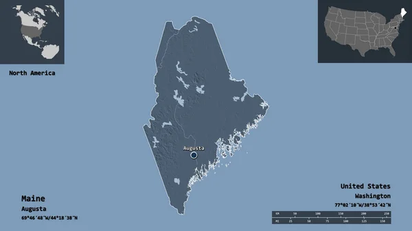 Muoto Maine Osavaltio Manner Yhdysvalloissa Sen Pääkaupunki Etäisyysasteikko Esikatselut Tarrat — kuvapankkivalokuva