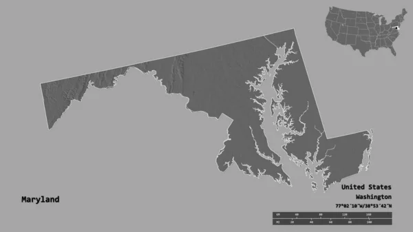 メリーランド州の形 米国本土の状態 その資本がしっかりとした背景に隔離されました 距離スケール リージョンプレビュー およびラベル 標高マップ 3Dレンダリング — ストック写真