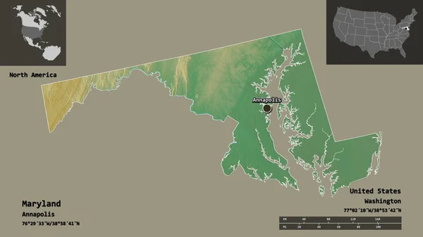 Kształt Maryland Stanu Kontynentalnego Stanów Zjednoczonych Jego Stolicy Skala Odległości — Zdjęcie stockowe