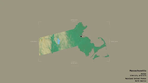 Area of Massachusetts, state of Mainland United States, isolated on a solid background in a georeferenced bounding box. Labels. Topographic relief map. 3D rendering