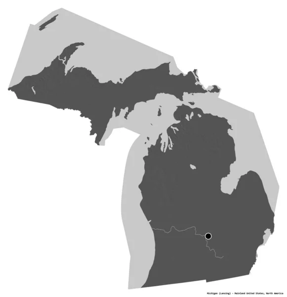 Kształt Michigan Stan Kontynentalne Stany Zjednoczone Jego Kapitału Izolowane Białym — Zdjęcie stockowe