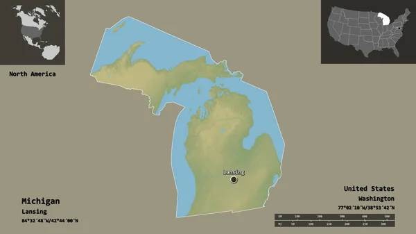 ミシガン州 米国本土の州 およびその首都の形状 距離スケール プレビューおよびラベル 地形図 3Dレンダリング — ストック写真