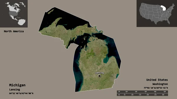 ミシガン州 米国本土の州 およびその首都の形状 距離スケール プレビューおよびラベル 衛星画像 3Dレンダリング — ストック写真