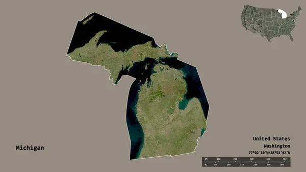 ミシガン州の形 米国本土の状態 その資本は 固体の背景に隔離されました 距離スケール リージョンプレビュー およびラベル 衛星画像 3Dレンダリング — ストック写真