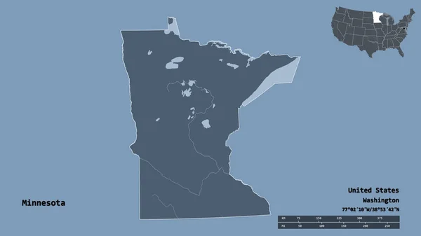 明尼苏达州的形状 美国大陆的一个州 它的首都孤立的坚实的背景 距离尺度 区域预览和标签 彩色高程图 3D渲染 — 图库照片