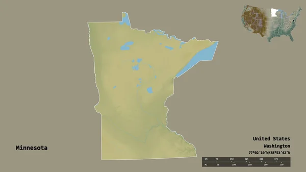 ミネソタ州の形 米国本土の状態 その資本がしっかりとした背景に隔離されました 距離スケール リージョンプレビュー およびラベル 地形図 3Dレンダリング — ストック写真