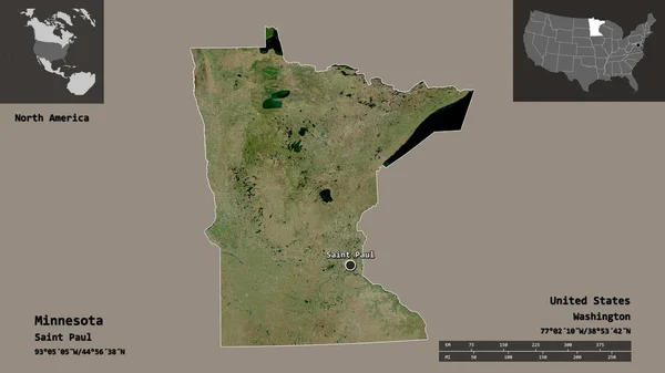 ミネソタ州 米国本土の州 およびその首都の形状 距離スケール プレビューおよびラベル 衛星画像 3Dレンダリング — ストック写真