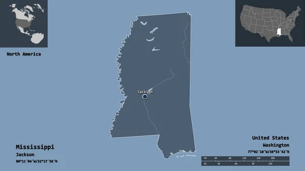 Shape of Mississippi, state of Mainland United States, and its capital. Distance scale, previews and labels. Colored elevation map. 3D rendering