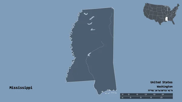 Shape of Mississippi, state of Mainland United States, with its capital isolated on solid background. Distance scale, region preview and labels. Colored elevation map. 3D rendering