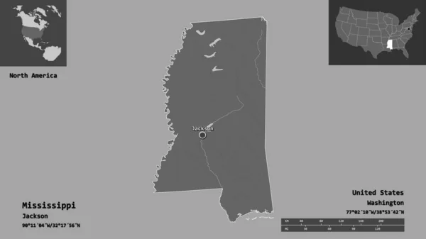 ミシシッピ州 アメリカ本土州 およびその首都の形 距離スケール プレビューおよびラベル 標高マップ 3Dレンダリング — ストック写真