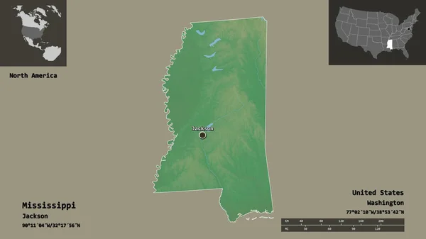 Shape of Mississippi, state of Mainland United States, and its capital. Distance scale, previews and labels. Topographic relief map. 3D rendering