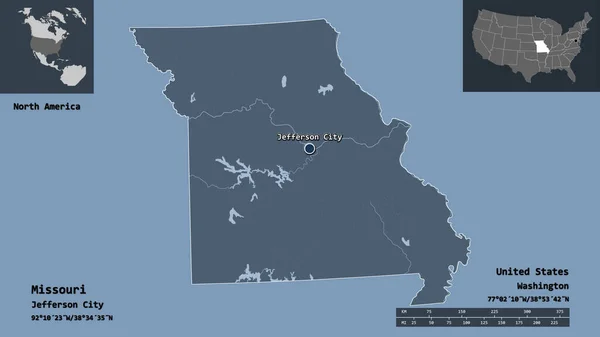 密苏里州的形状 美国大陆州 及其首府 距离刻度 预览和标签 彩色高程图 3D渲染 — 图库照片