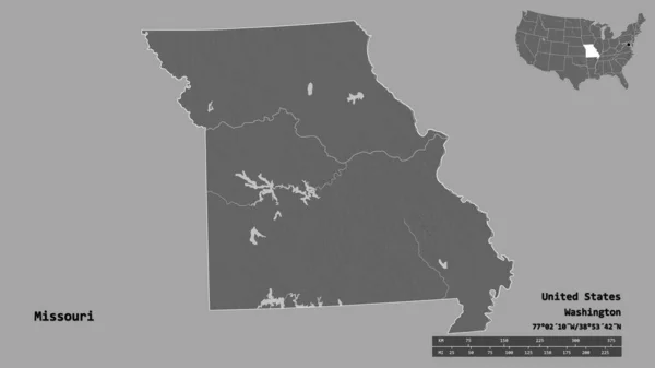 密苏里州的形状 美国大陆的州 其首都孤立的坚实的背景 距离尺度 区域预览和标签 Bilevel高程图 3D渲染 — 图库照片