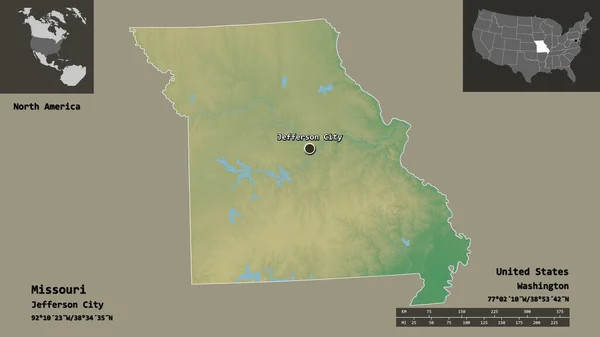 ミズーリ州 アメリカ合衆国本土 およびその首都の形 距離スケール プレビューおよびラベル 地形図 3Dレンダリング — ストック写真