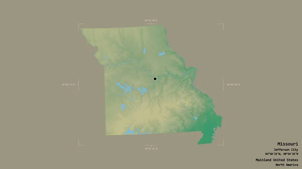 米国本土のミズーリ州の地域は 洗練された境界の箱の中の強固な背景に隔離されています ラベル 地形図 3Dレンダリング — ストック写真